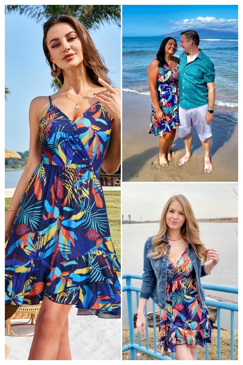 ULTRANICE Women's Summer Beach Dresses Casual Sundress Spring Trendy Floral Flowy Faux Wrap Midi Beach Vacation Outfits Clothes V-Neck Spaghetti Strap Dress(Blue Multicolored Floral,M) - Image 2